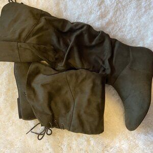 Olive Green Flat Boot with Lace Up Detail